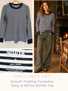 Duluth Trading Co. Striped Waffle Knit Long Sleeve Tee | Navy & White | Size M